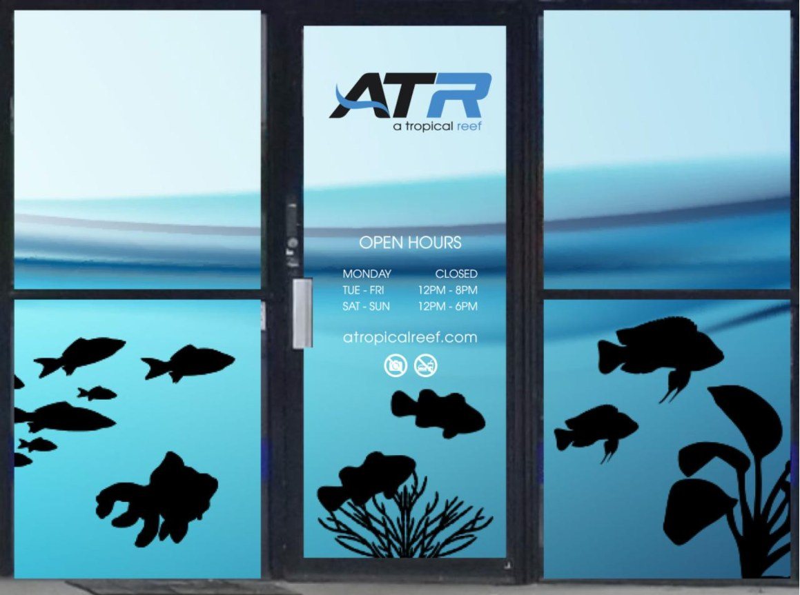 A Tropical Reef storefront window graphics with fish silhouettes and store hours
