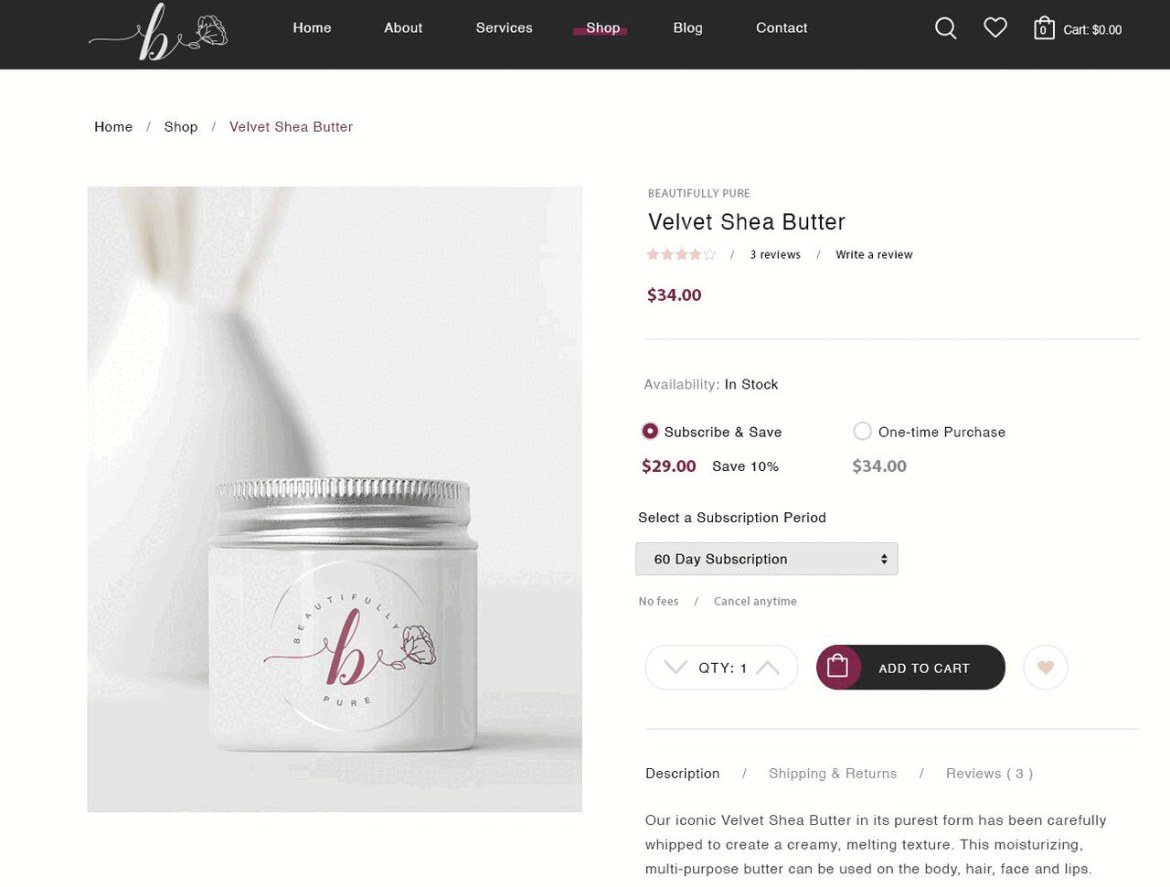 Beautifully Pure product page with subscribe and save option
