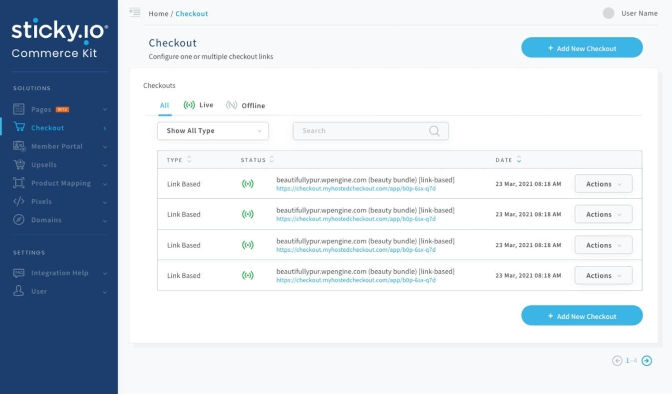 After: sticky.io CommerceKit checkout dashboard with labeled navigation, Live and Offline tabs, filters and a sortable table