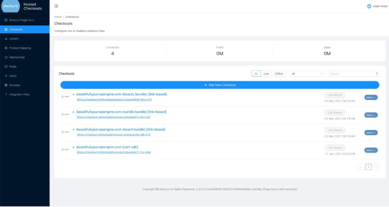 Before: sticky.io Hosted Checkouts dashboard with a dark sidebar, summary counters and a plain list of checkout links