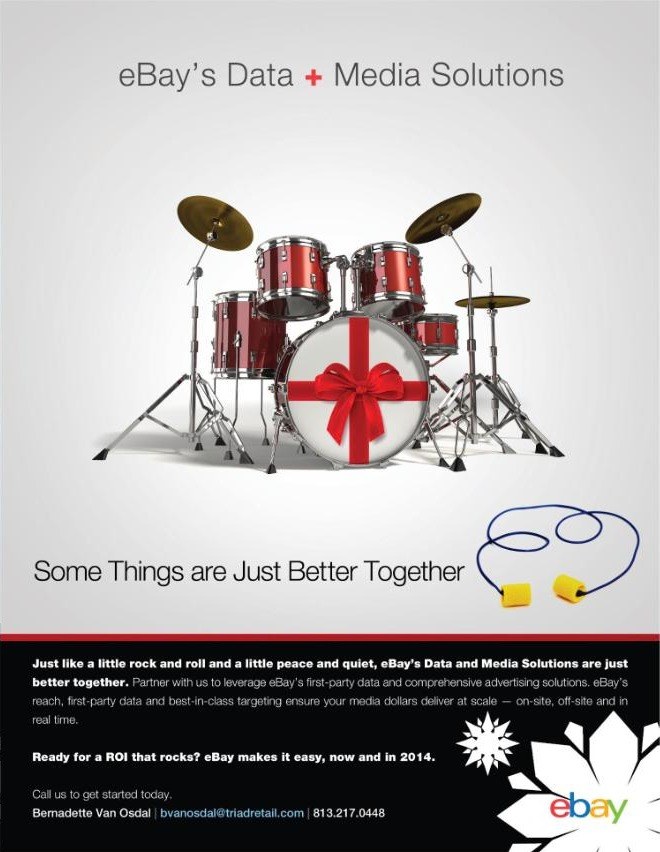 eBay Data + Media Solutions print ad pairing a drum kit and earplugs: Some Things Are Just Better Together
