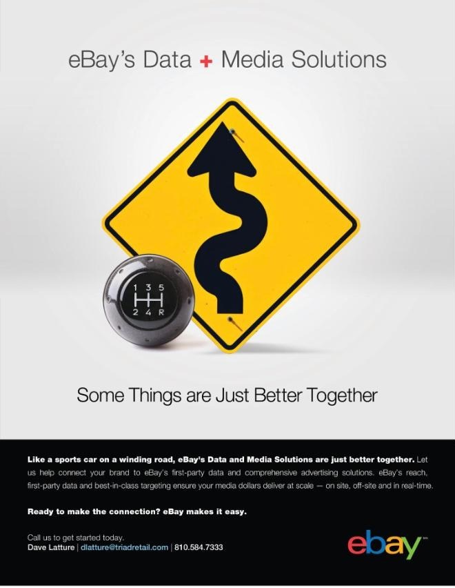eBay Data + Media Solutions print ad pairing a stick shift and a winding-road sign: Some Things Are Just Better Together