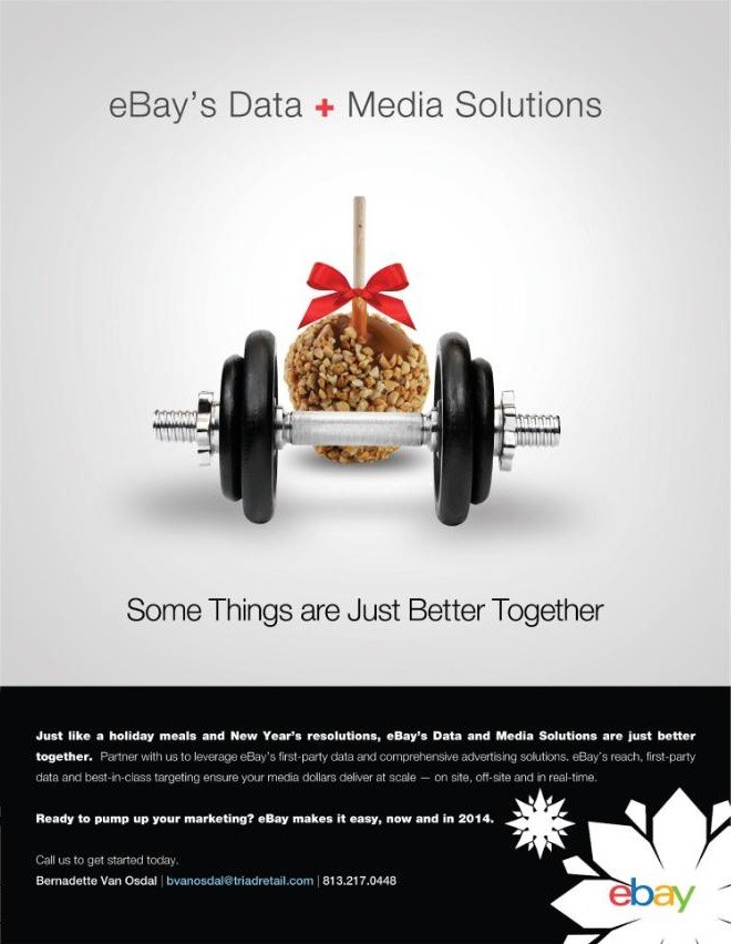 eBay Data + Media Solutions print ad pairing a caramel apple on a dumbbell: Some Things Are Just Better Together