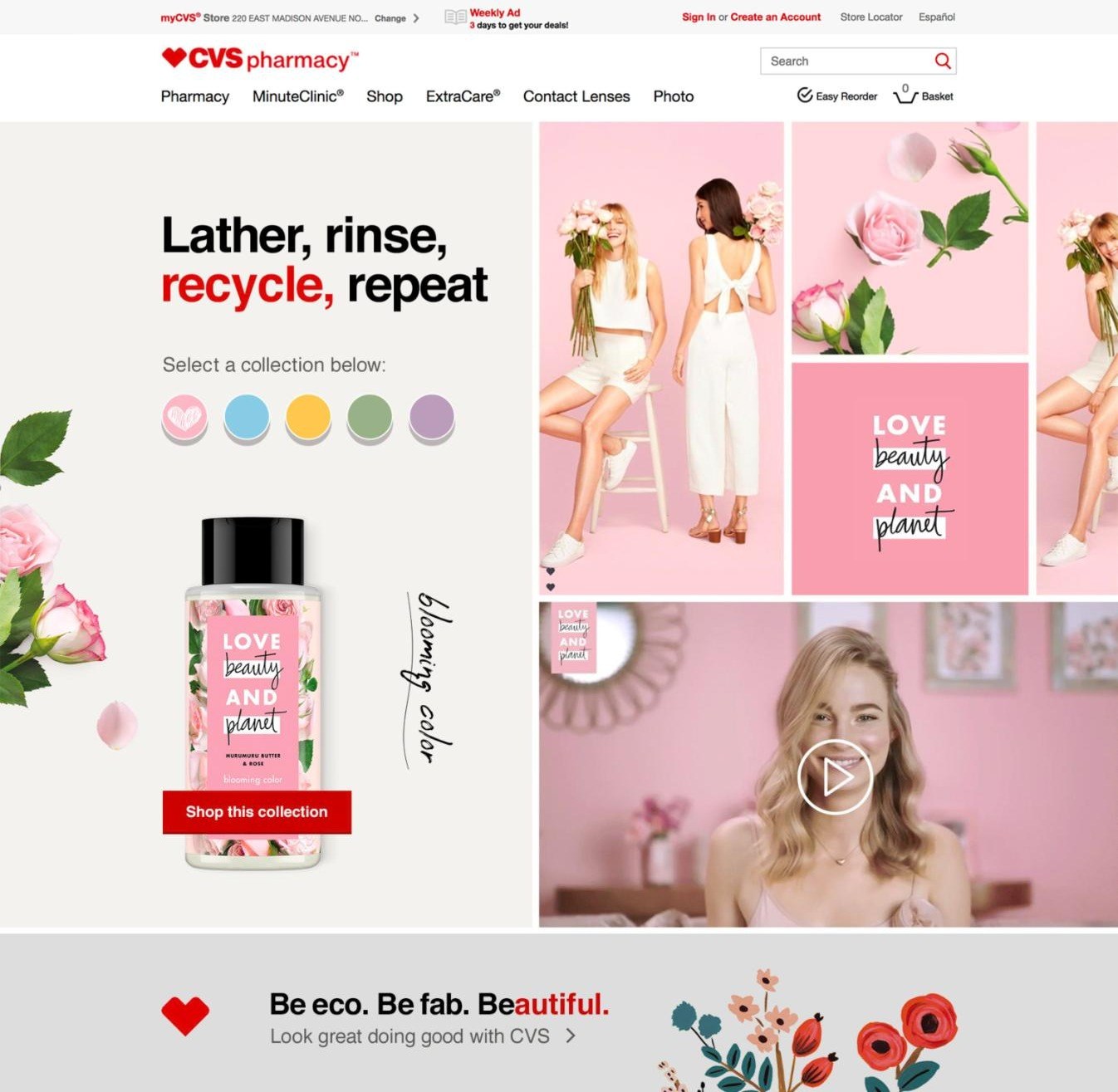 CVS.com Love Beauty and Planet brand shop headlined Lather, rinse, recycle, repeat with collection color selectors and brand video