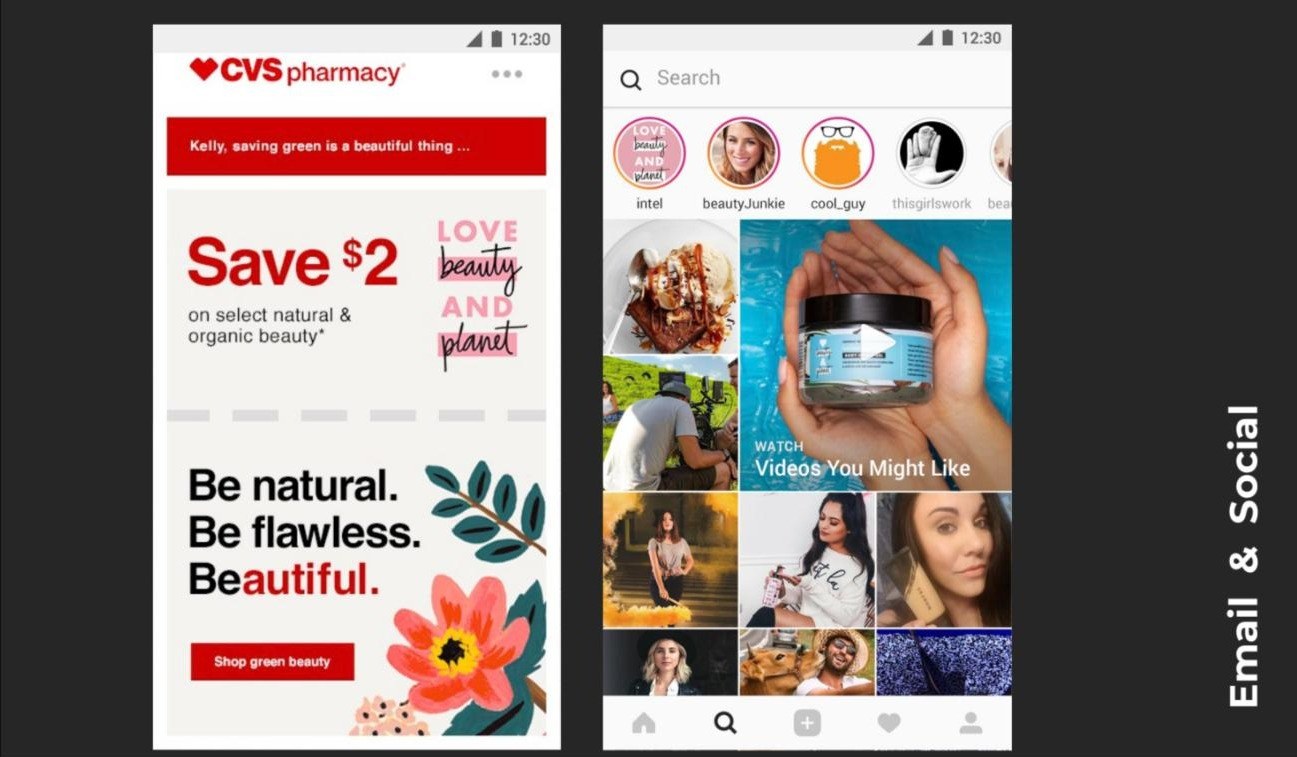CVS email offering $2 off Love Beauty and Planet beside an Instagram explore feed with brand video