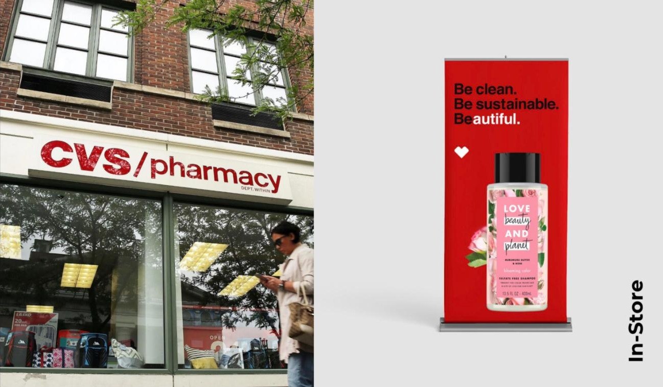 CVS storefront beside a red Love Beauty and Planet pull-up banner reading Be clean. Be sustainable. Beautiful.