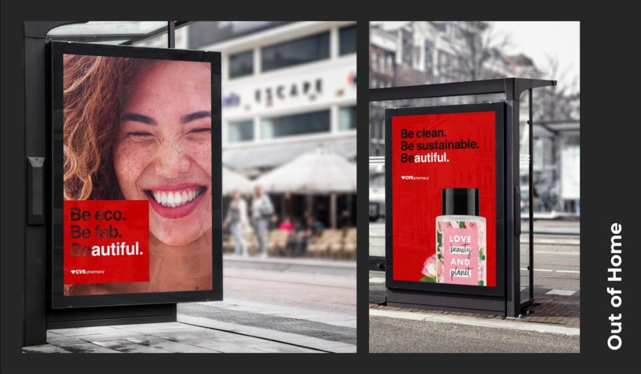 Two bus-shelter posters: a smiling woman with Be eco. Be fab. Beautiful., and the product on red with Be clean. Be sustainable. Beautiful.