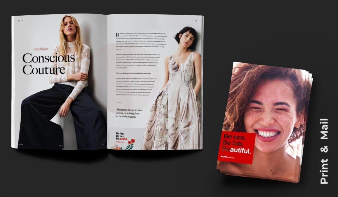 Magazine spread with a Be fab. Be eco. Beautiful. ad unit and a direct-mail piece