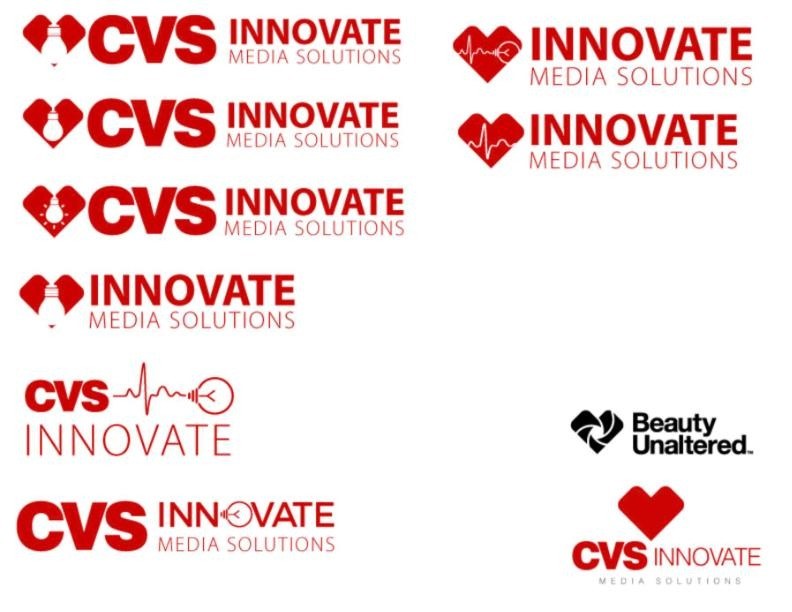 Sheet of CVS Innovate Media Solutions logo explorations using the CVS heart as a lightbulb and heartbeat line