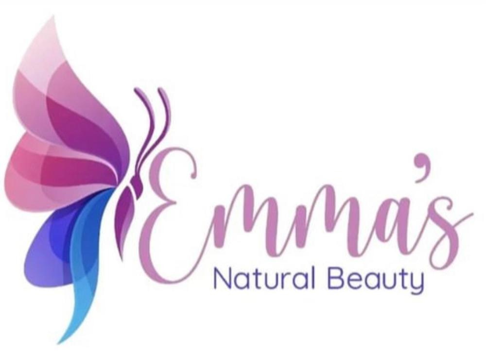 Emma’s Natural Beauty logo with a layered pink and blue butterfly beside script lettering
