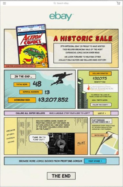 eBay comic-book style page celebrating the record sale of Action Comics No. 1 for $3,207,852
