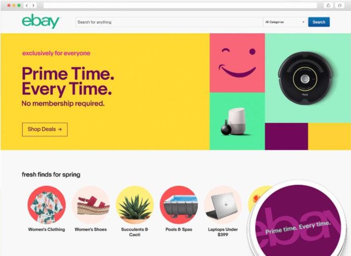 eBay deals page headlined Prime Time. Every Time. No membership required.