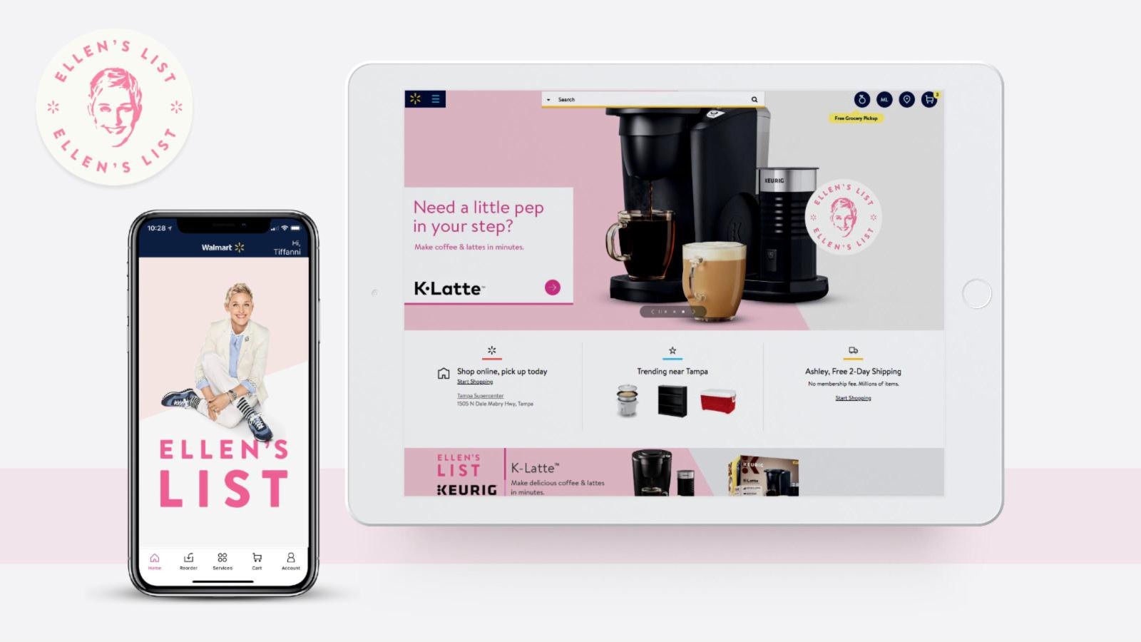 Ellen’s List Keurig K-Latte shop on Walmart.com shown on an iPhone and iPad