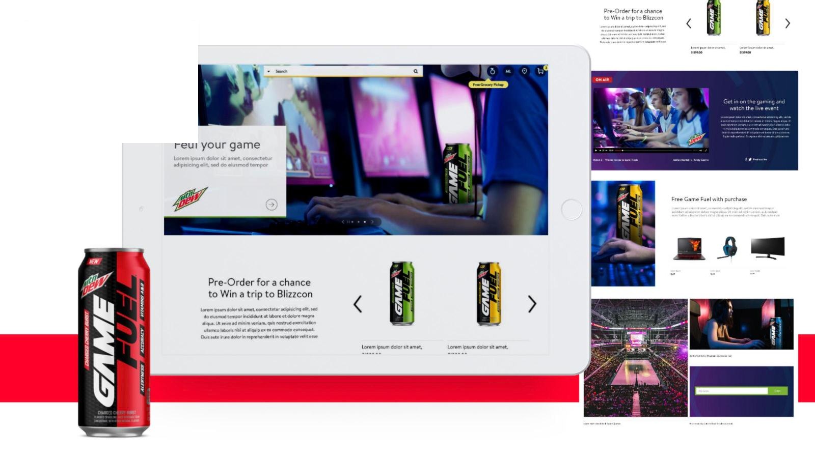 Mtn Dew Game Fuel gaming shop concept with Blizzcon pre-order promotion and live event module