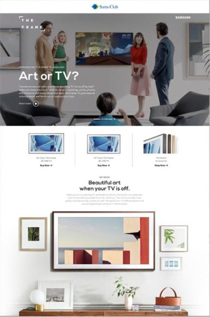 Sam’s Club landing page for Samsung The Frame headlined Art or TV? with a gallery wall in Art Mode