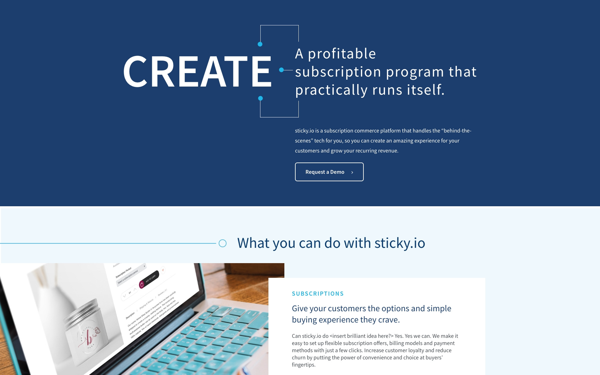 sticky.io platform page — CREATE — top of page