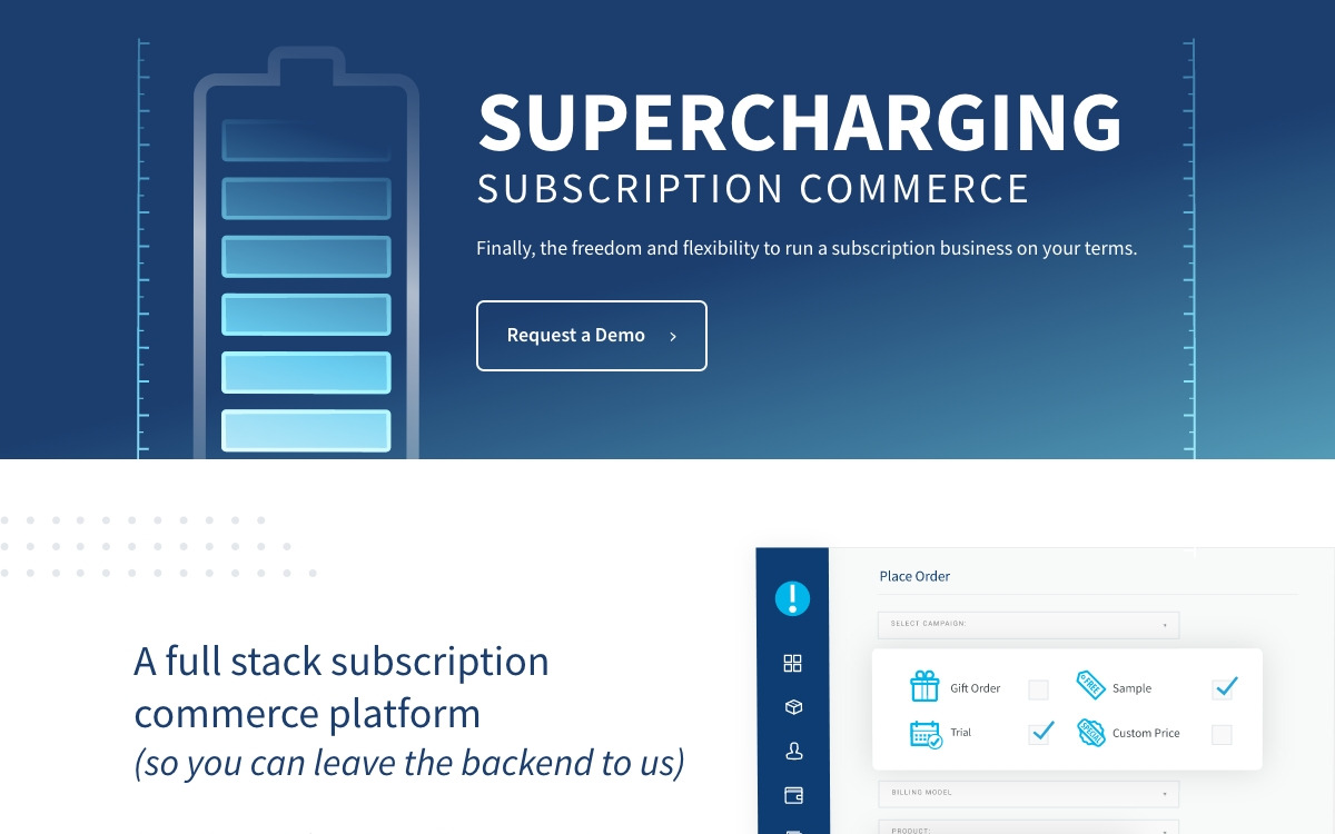 sticky.io homepage — Supercharging Subscription Commerce — top of page