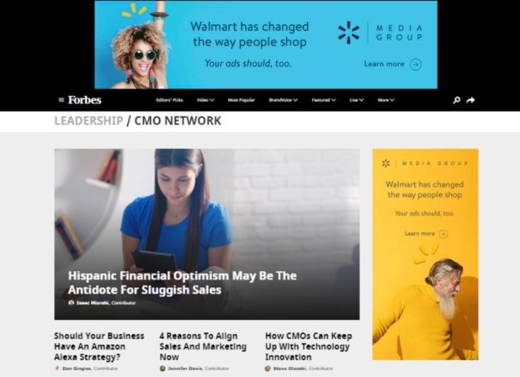 Forbes CMO Network page with a Walmart Media Group leaderboard and skyscraper: Walmart has changed the way people shop. Your ads should, too.